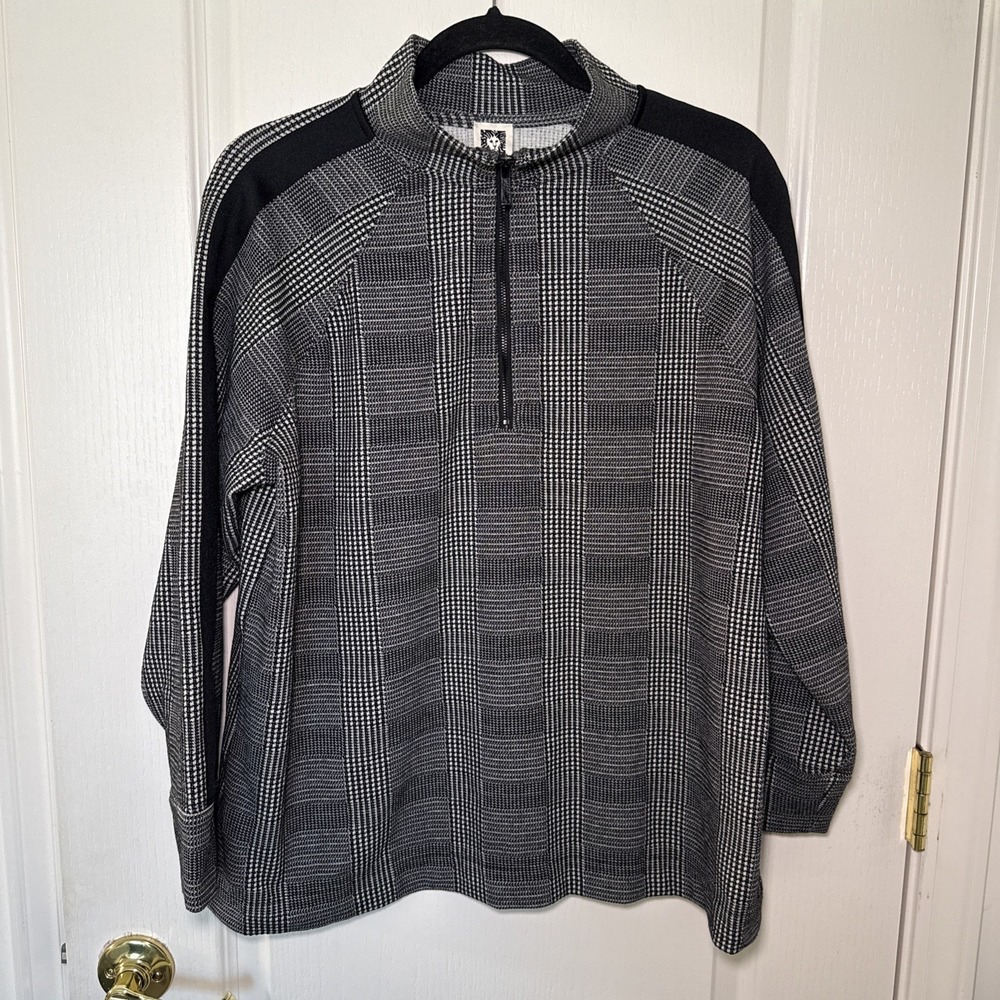NWT Anne Klein Women's Plus 0X Houndstooth Moto Zip Sweater Black White $99
